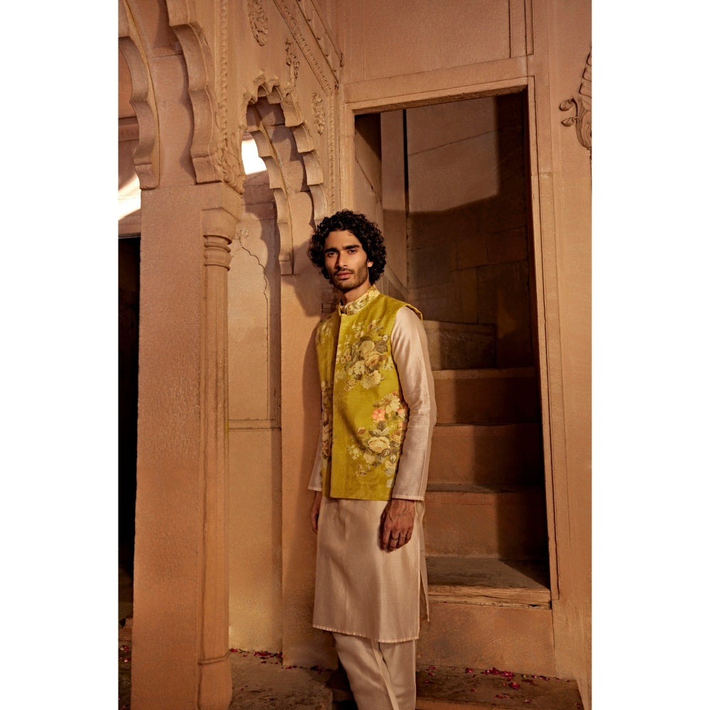 KALISTA Beige Yavi Kurta with Churidar and Nehru Jacket (Set of 3)