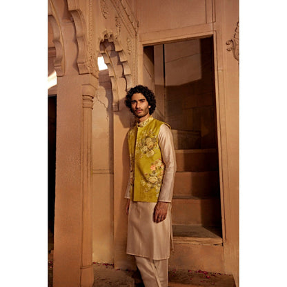 KALISTA Beige Yavi Kurta with Churidar and Nehru Jacket (Set of 3)