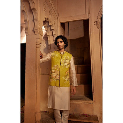 KALISTA Beige Yavi Kurta with Churidar and Nehru Jacket (Set of 3)