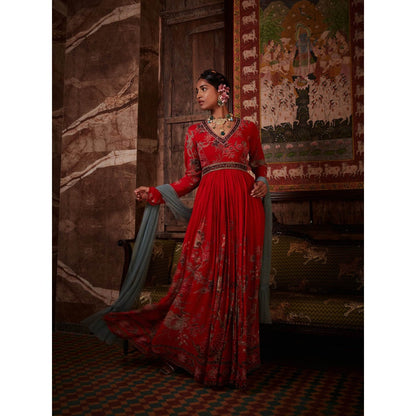 KALISTA Red Tahira Anarkali with Dupatta (Set of 2)