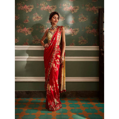 KALISTA Red Rehmat Pre-Draped Saree with Stitched Blouse