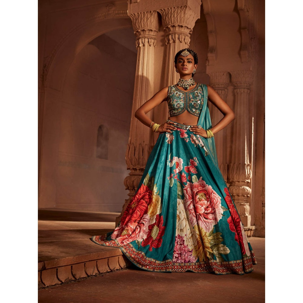 KALISTA Teal Gulshaad Lehenga with Blouse and Dupatta (Set of 3)
