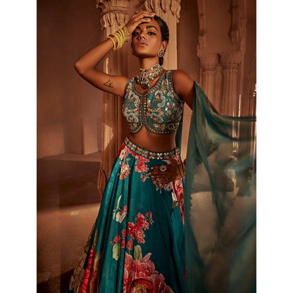 KALISTA Teal Gulshaad Lehenga with Blouse and Dupatta (Set of 3)