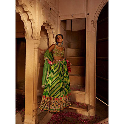 KALISTA Green Leher Lehenga with Blouse and Dupatta (Set of 3)