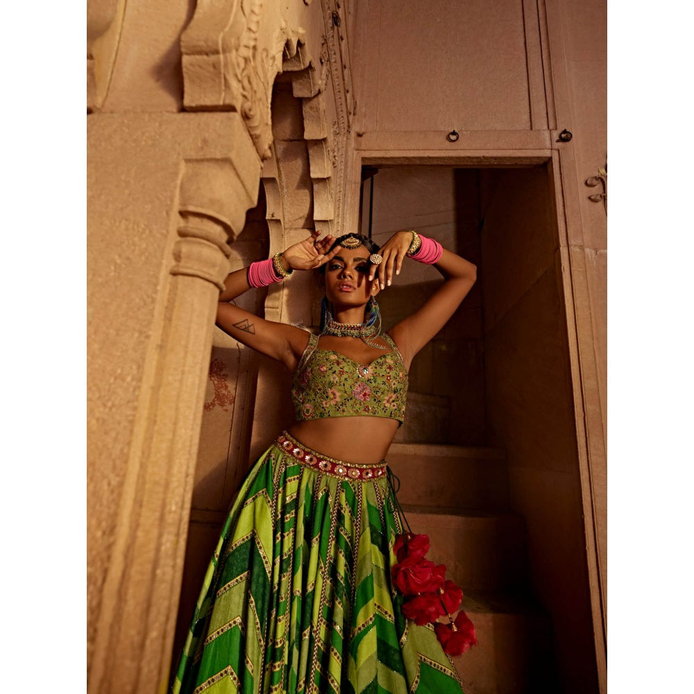 KALISTA Green Leher Lehenga with Blouse and Dupatta (Set of 3)