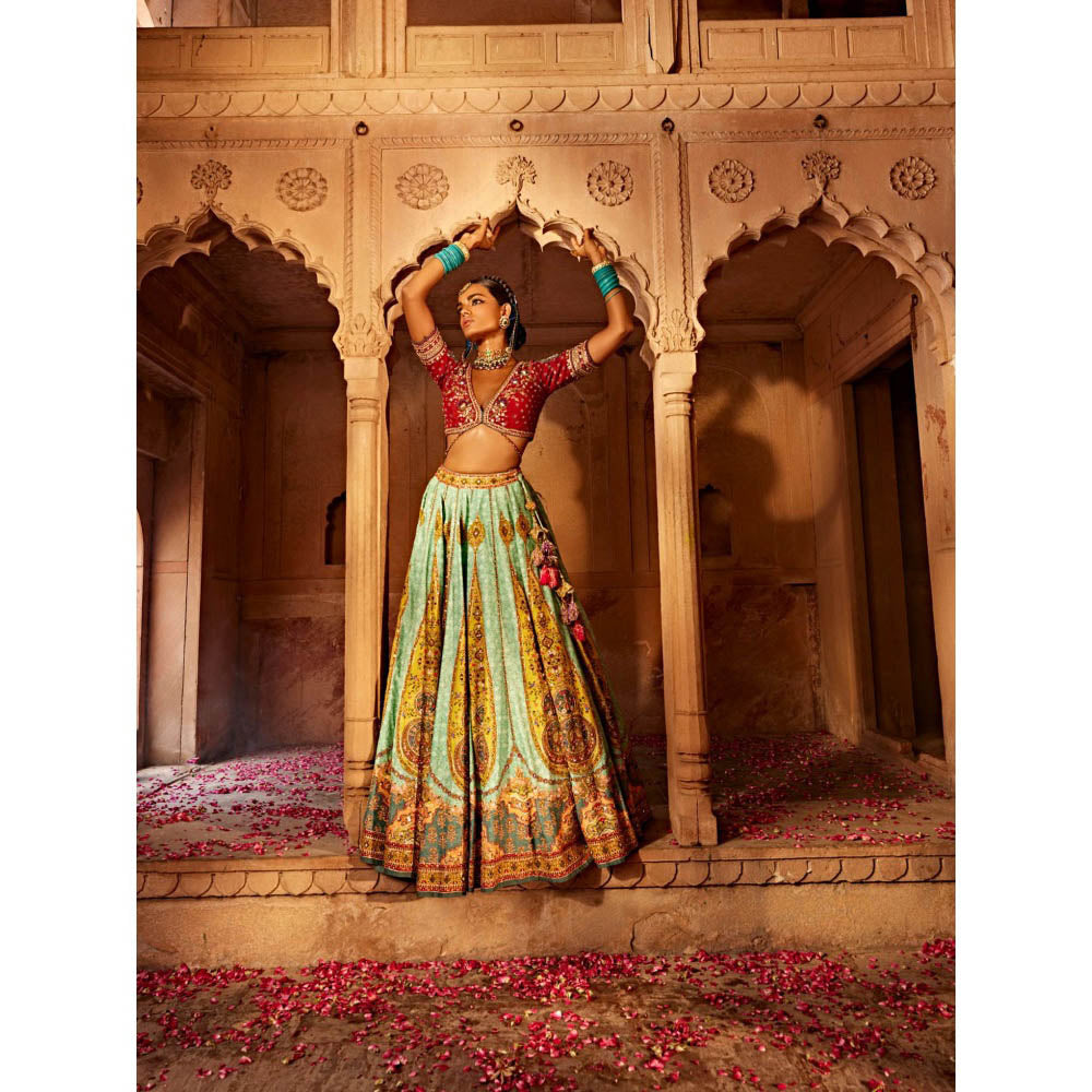 KALISTA Green Kimaya Lehenga with Blouse and Dupatta (Set of 3)