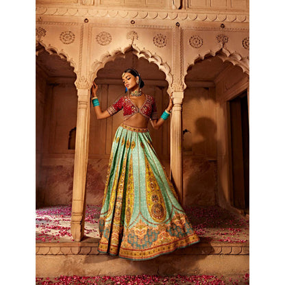KALISTA Green Kimaya Lehenga with Blouse and Dupatta (Set of 3)