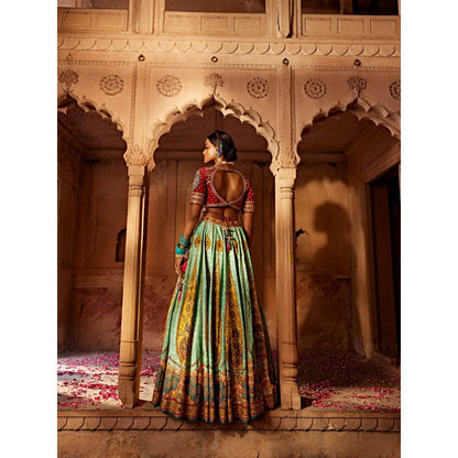 KALISTA Green Kimaya Lehenga with Blouse and Dupatta (Set of 3)