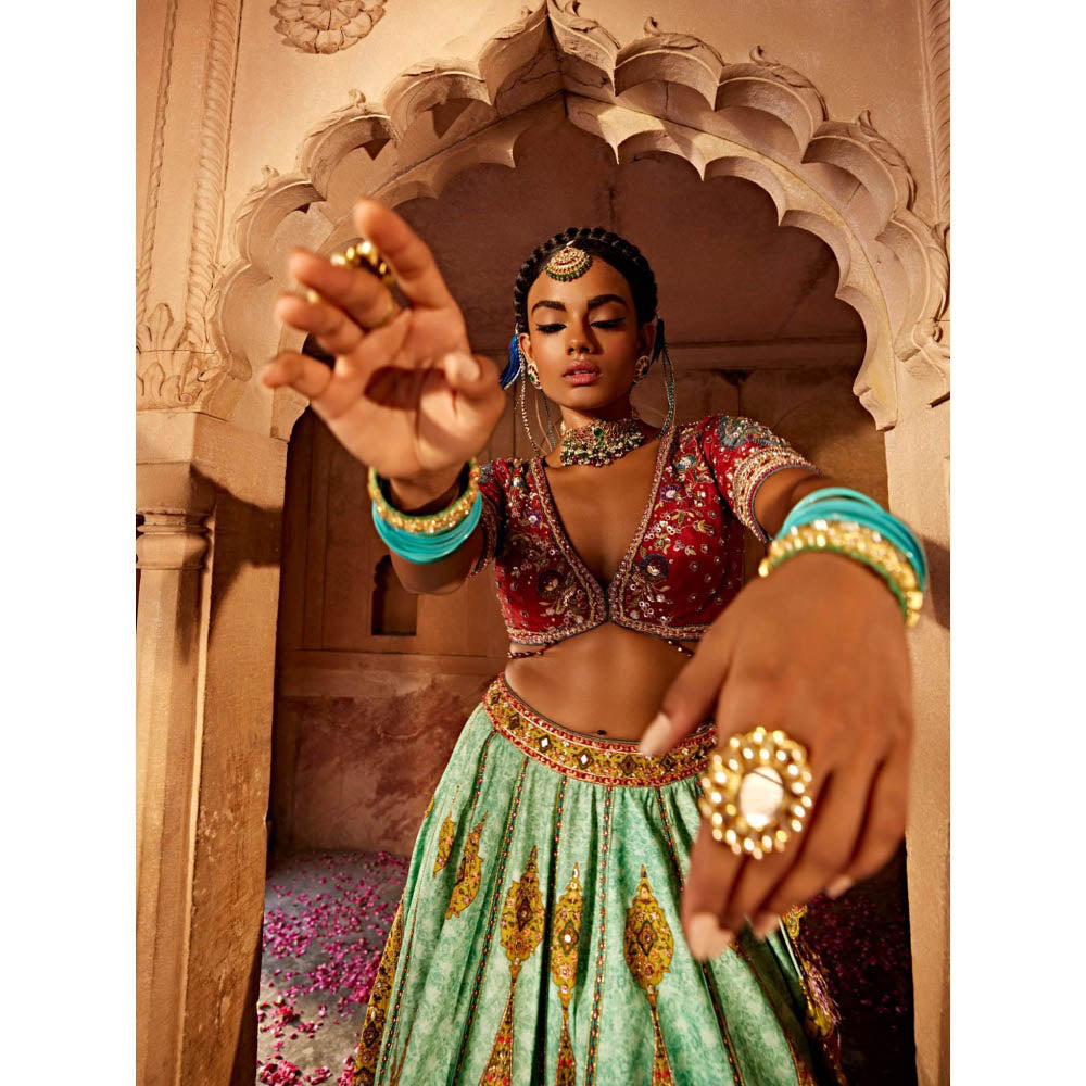 KALISTA Green Kimaya Lehenga with Blouse and Dupatta (Set of 3)