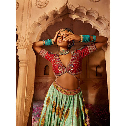 KALISTA Green Kimaya Lehenga with Blouse and Dupatta (Set of 3)