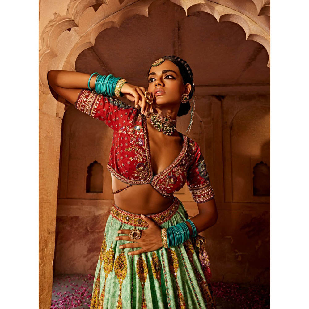 KALISTA Green Kimaya Lehenga with Blouse and Dupatta (Set of 3)