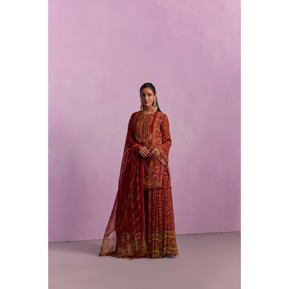 KALISTA Asma Red Floral Print Kurta with Sharara and Dupatta (Set of 3)