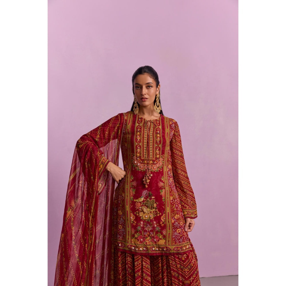 KALISTA Asma Red Floral Print Kurta with Sharara and Dupatta (Set of 3)