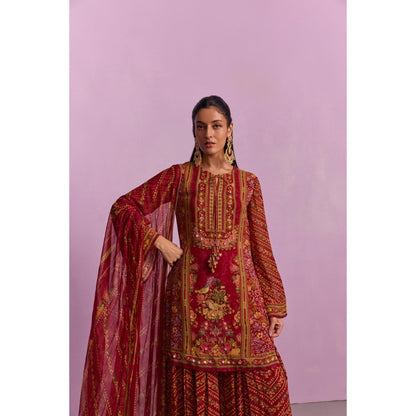 KALISTA Asma Red Floral Print Kurta with Sharara and Dupatta (Set of 3)