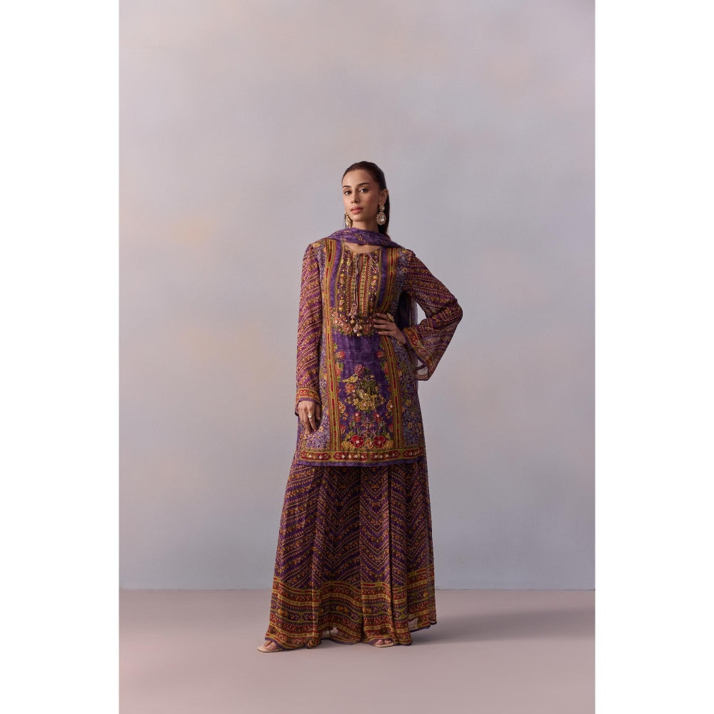 KALISTA Asma Purple Floral Print Kurta with Sharara and Dupatta (Set of 3)