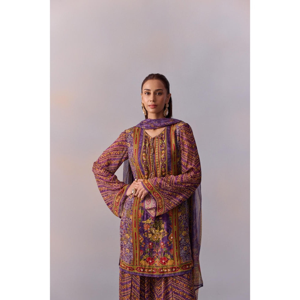 KALISTA Asma Purple Floral Print Kurta with Sharara and Dupatta (Set of 3)