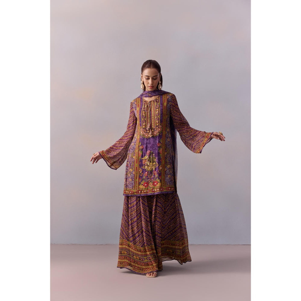 KALISTA Asma Purple Floral Print Kurta with Sharara and Dupatta (Set of 3)
