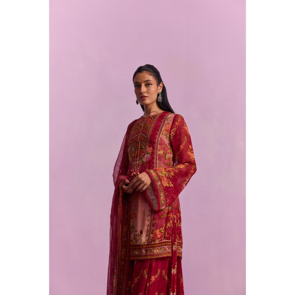KALISTA Anaisha Rose Floral Print Kurta with Sharara and Dupatta (Set of 3)