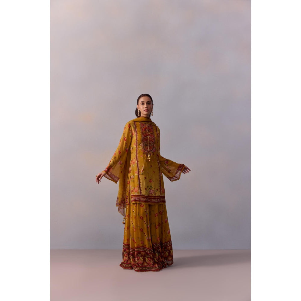 KALISTA Anaisha Cannary Mustard Floral Print Kurta with Sharara and Dupatta (Set of 3)