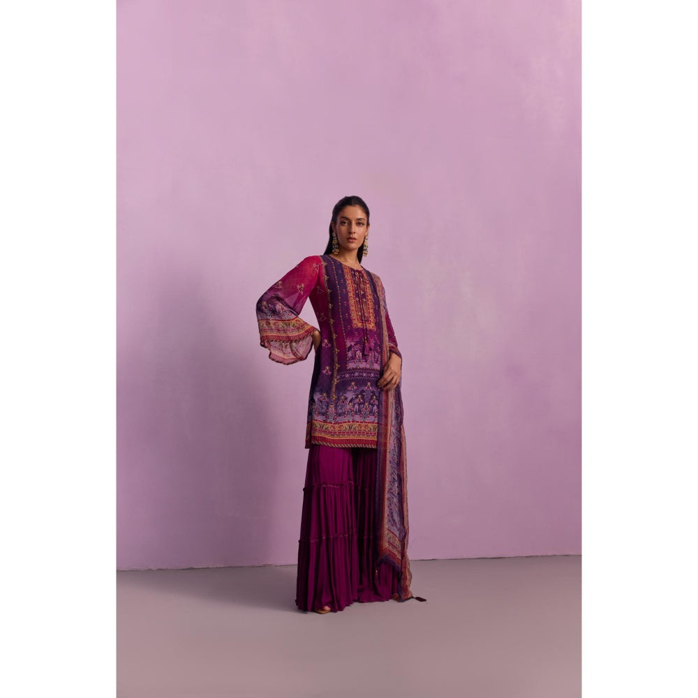 KALISTA Afreen Purple Floral Tassels Kurta with Sharara and Dupatta (Set of 3)