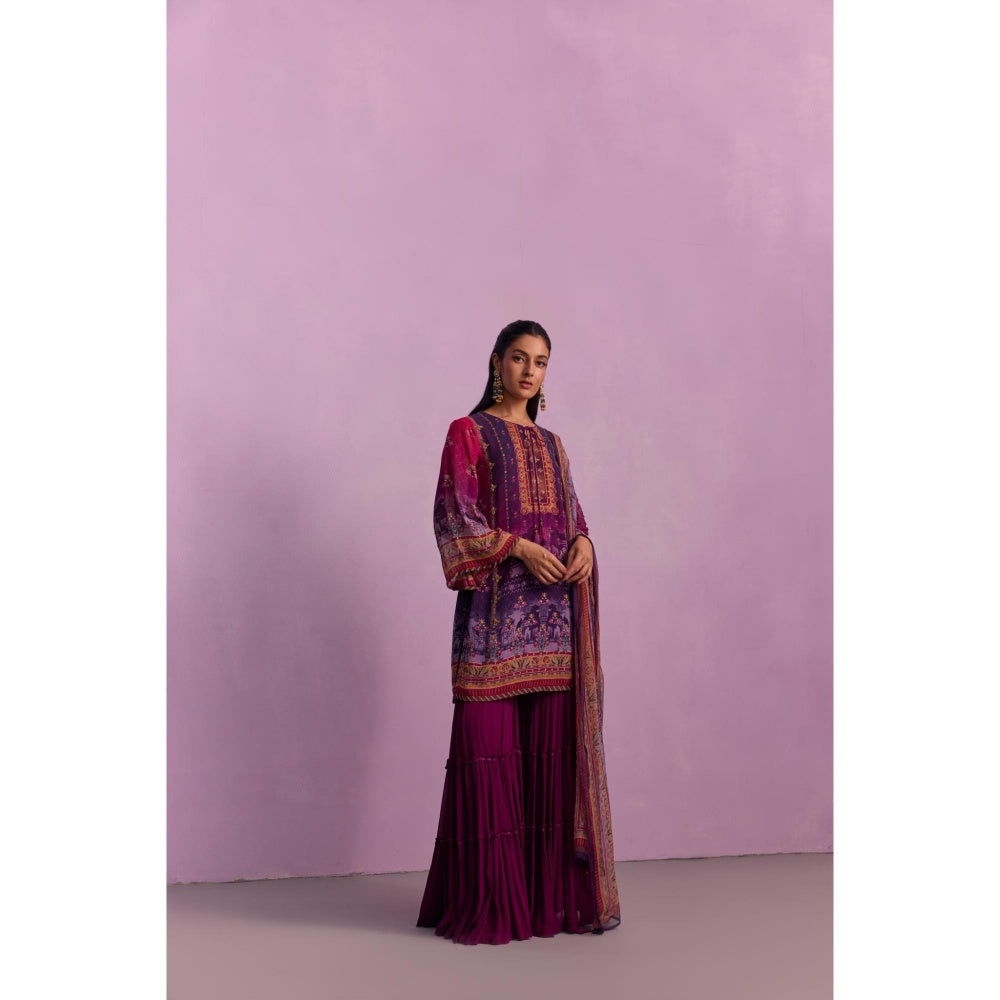 KALISTA Afreen Purple Floral Tassels Kurta with Sharara and Dupatta (Set of 3)