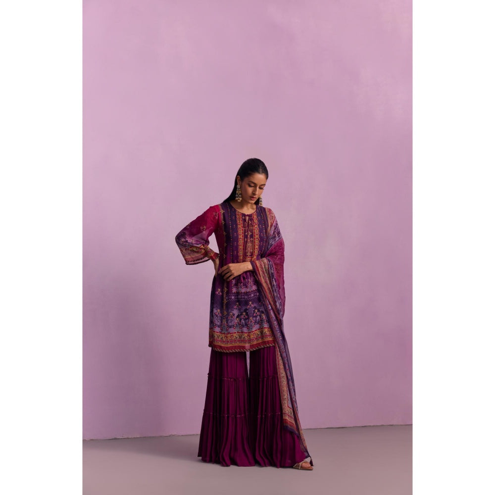 KALISTA Afreen Purple Floral Tassels Kurta with Sharara and Dupatta (Set of 3)