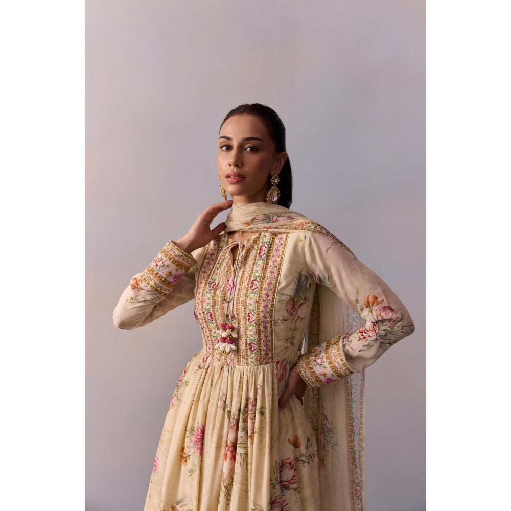 KALISTA Ayesha Ivory Floral Embellished Kurta with Sharara and Dupatta (Set of 3)