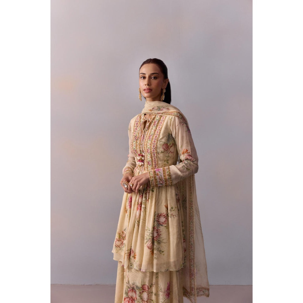 KALISTA Ayesha Ivory Floral Embellished Kurta with Sharara and Dupatta (Set of 3)
