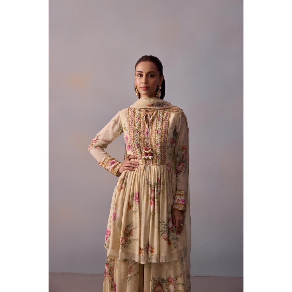 KALISTA Ayesha Ivory Floral Embellished Kurta with Sharara and Dupatta (Set of 3)