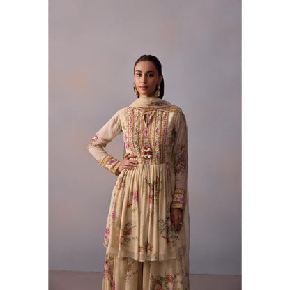 KALISTA Ayesha Ivory Floral Embellished Kurta with Sharara and Dupatta (Set of 3)