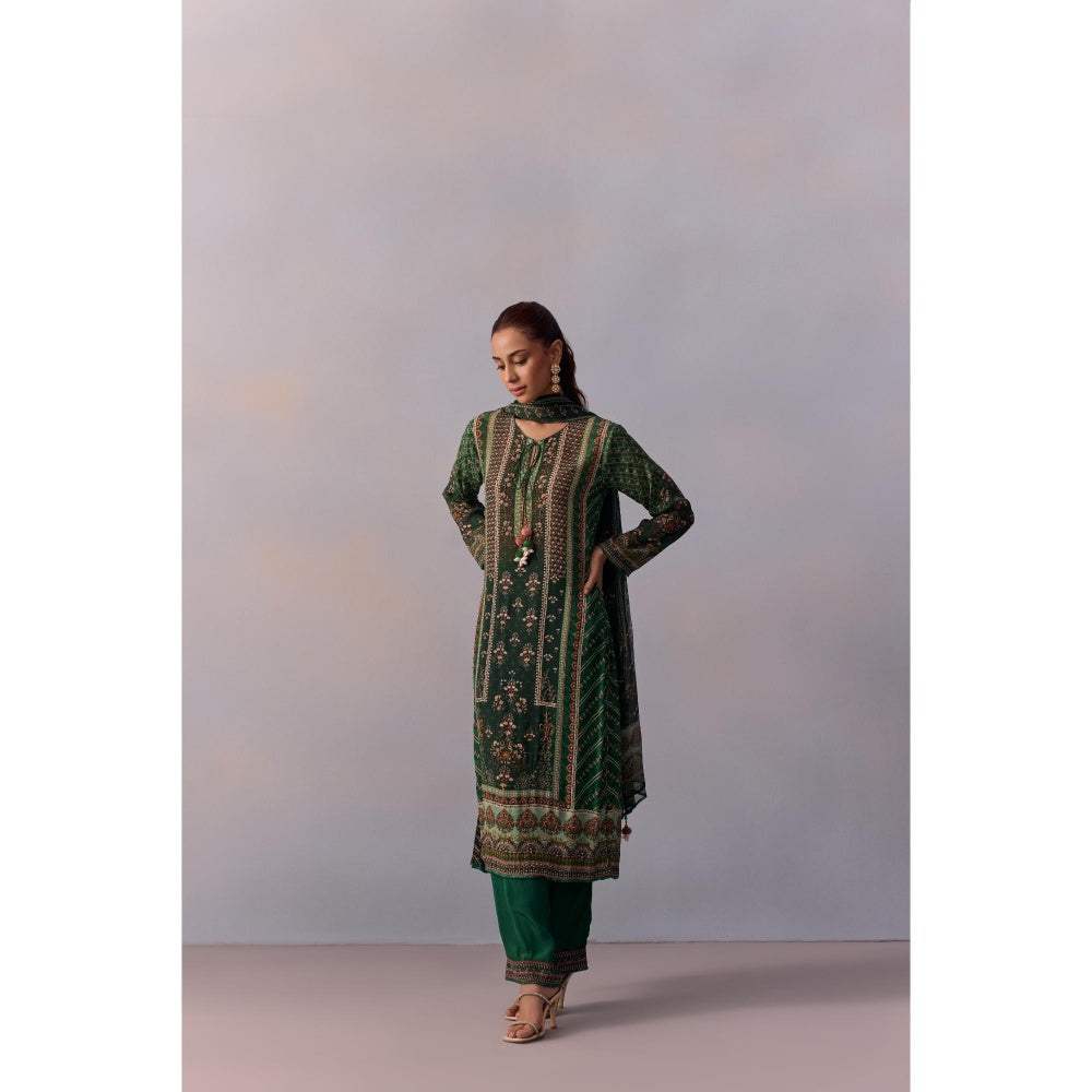 KALISTA Reham Bottle Green Floral Tassels Kurta with Pant and Dupatta (Set of 3)