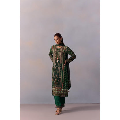 KALISTA Reham Bottle Green Floral Tassels Kurta with Pant and Dupatta (Set of 3)