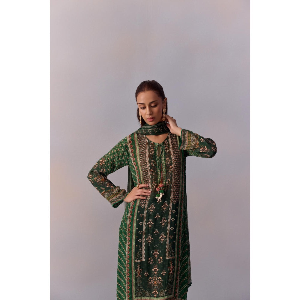 KALISTA Reham Bottle Green Floral Tassels Kurta with Pant and Dupatta (Set of 3)