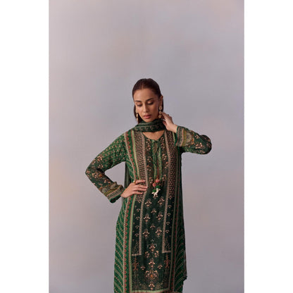 KALISTA Reham Bottle Green Floral Tassels Kurta with Pant and Dupatta (Set of 3)