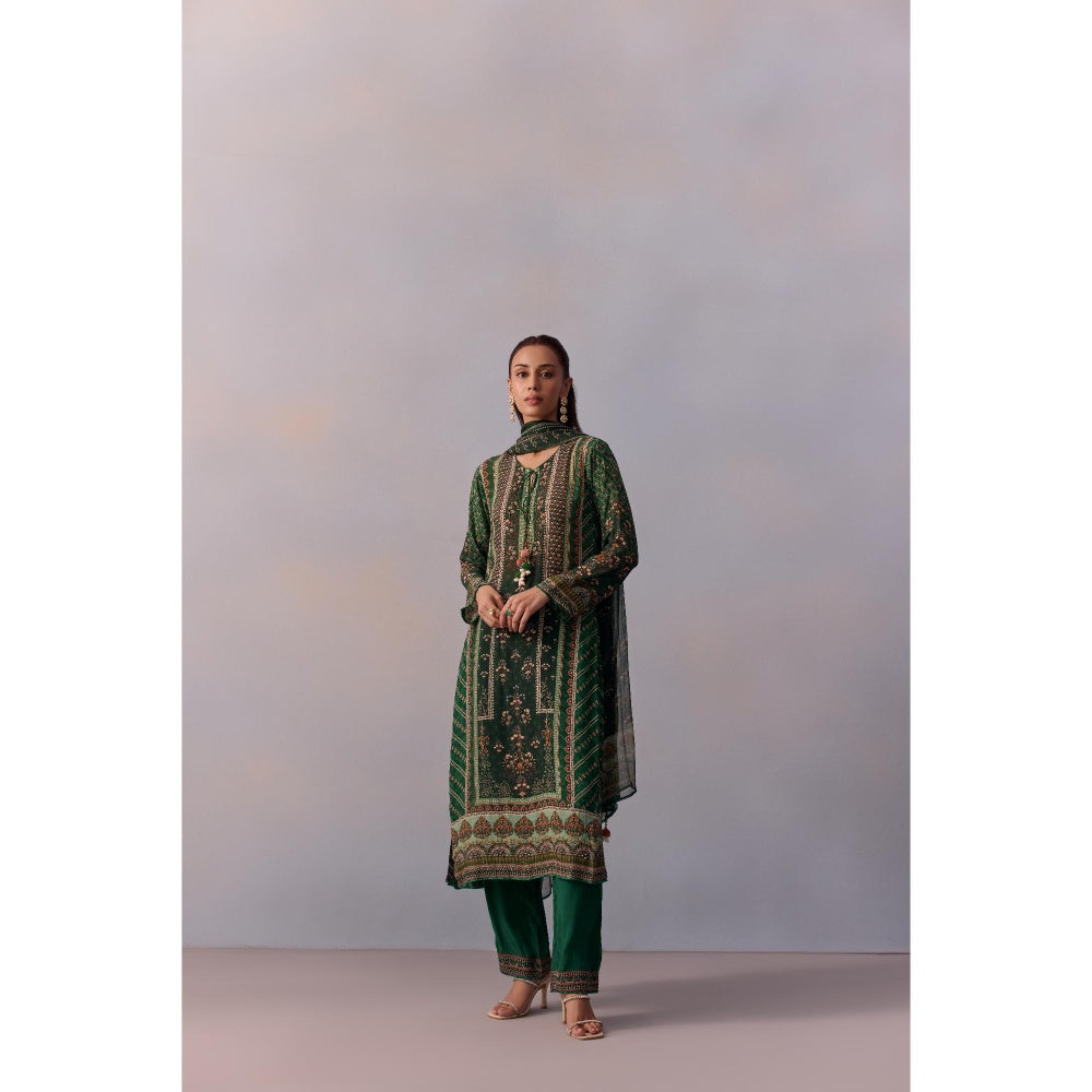 KALISTA Reham Bottle Green Floral Tassels Kurta with Pant and Dupatta (Set of 3)