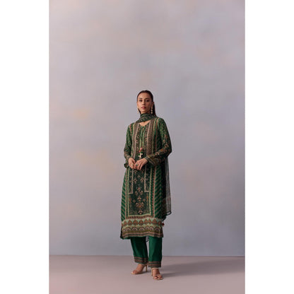 KALISTA Reham Bottle Green Floral Tassels Kurta with Pant and Dupatta (Set of 3)