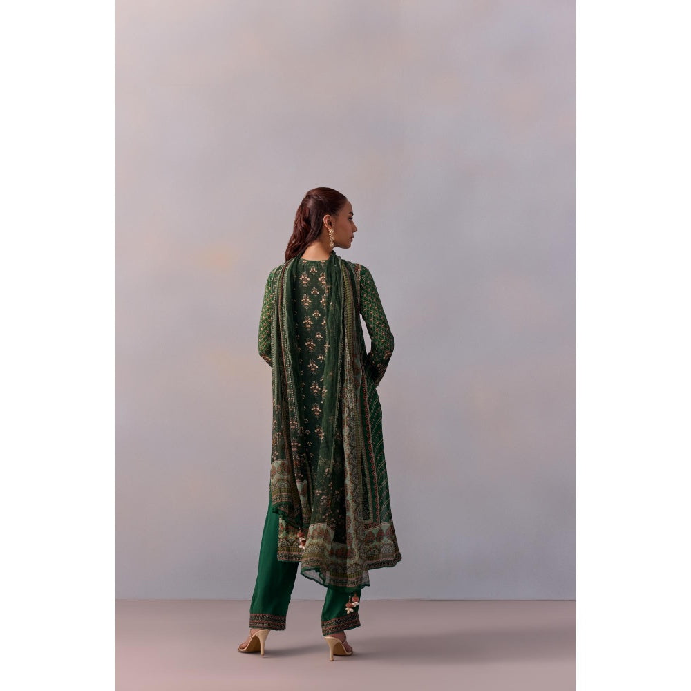 KALISTA Reham Bottle Green Floral Tassels Kurta with Pant and Dupatta (Set of 3)