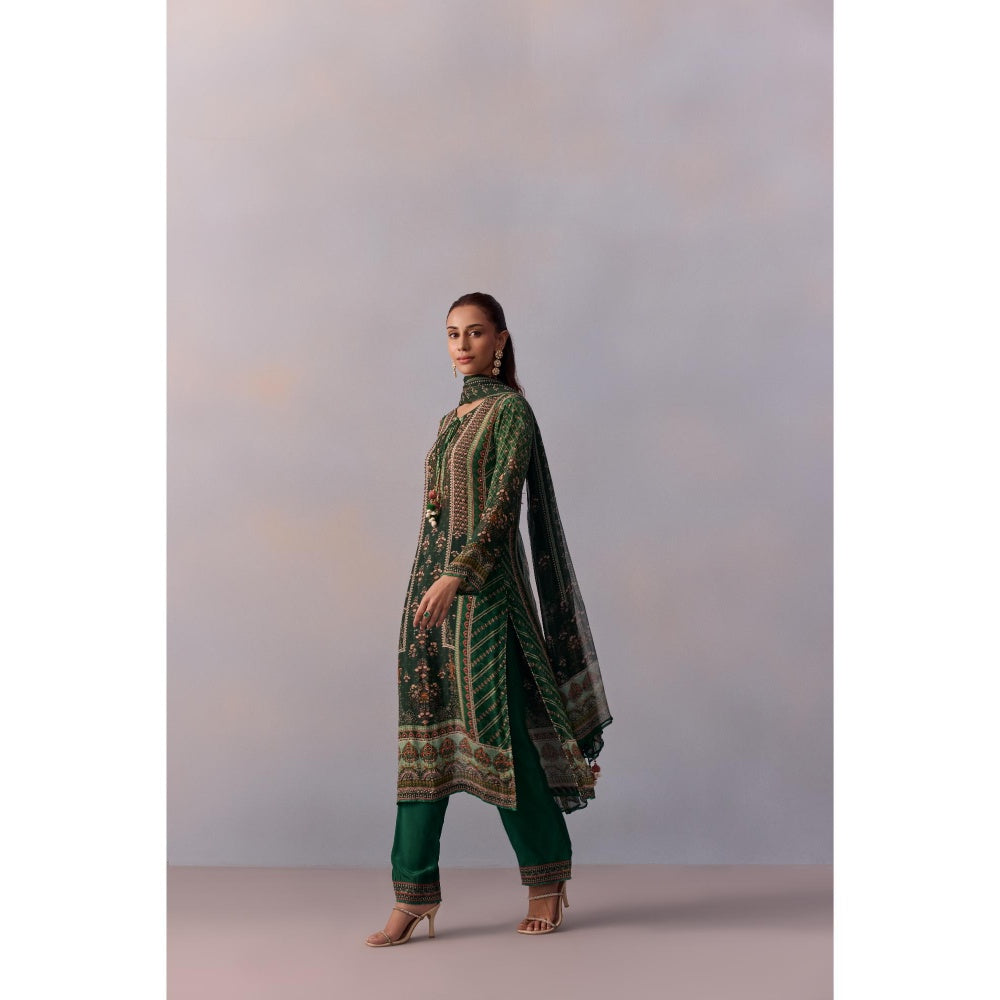 KALISTA Reham Bottle Green Floral Tassels Kurta with Pant and Dupatta (Set of 3)