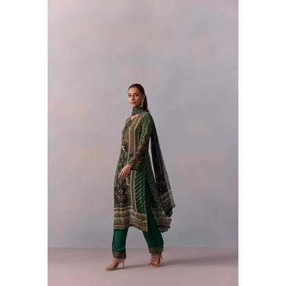 KALISTA Reham Bottle Green Floral Tassels Kurta with Pant and Dupatta (Set of 3)