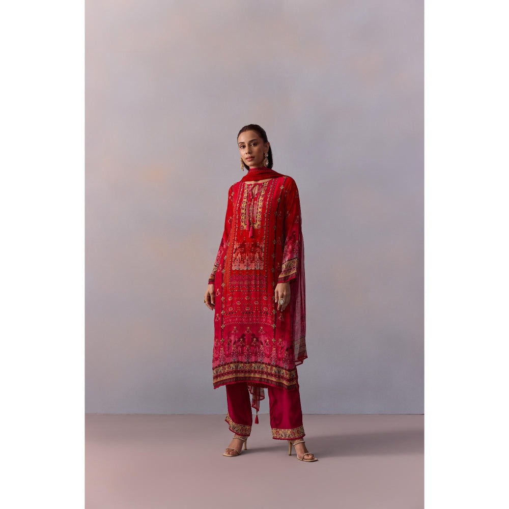 KALISTA Shazia Red Embellished Tassels Kurta with Pant and Dupatta (Set of 3)