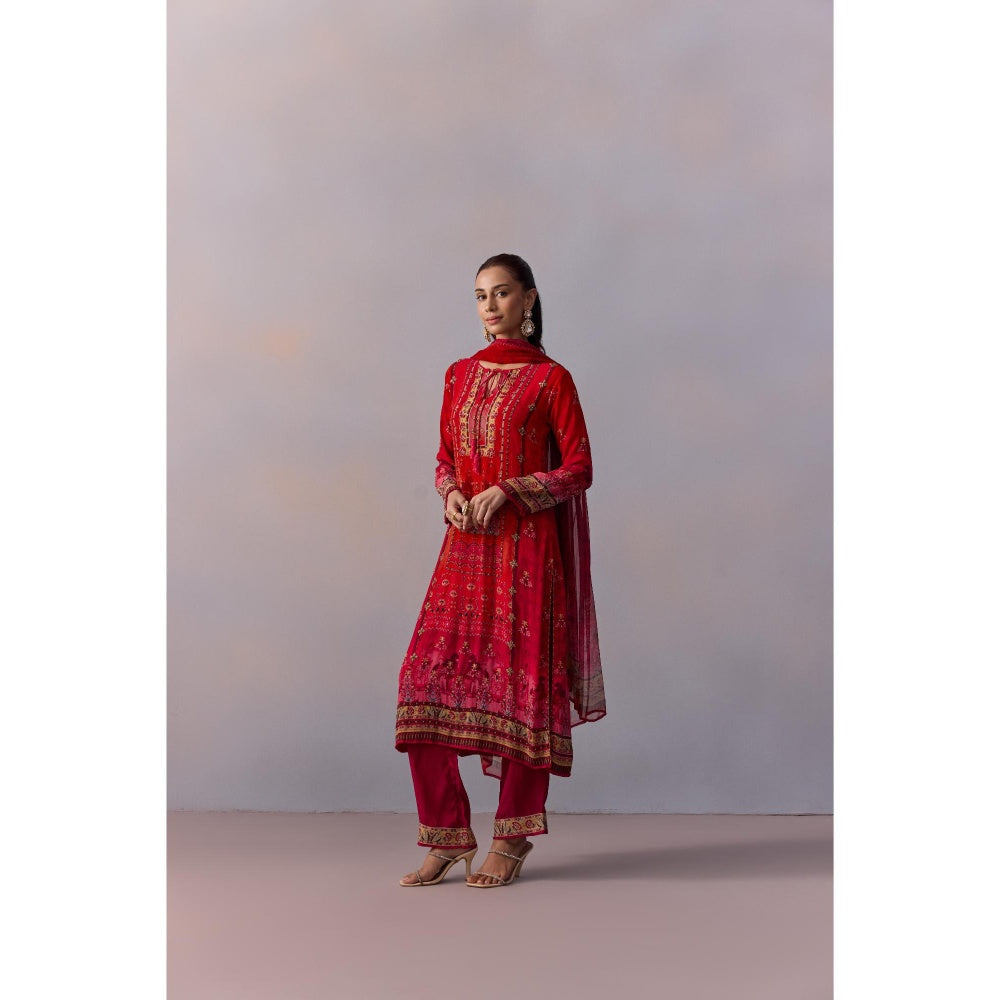 KALISTA Shazia Red Embellished Tassels Kurta with Pant and Dupatta (Set of 3)