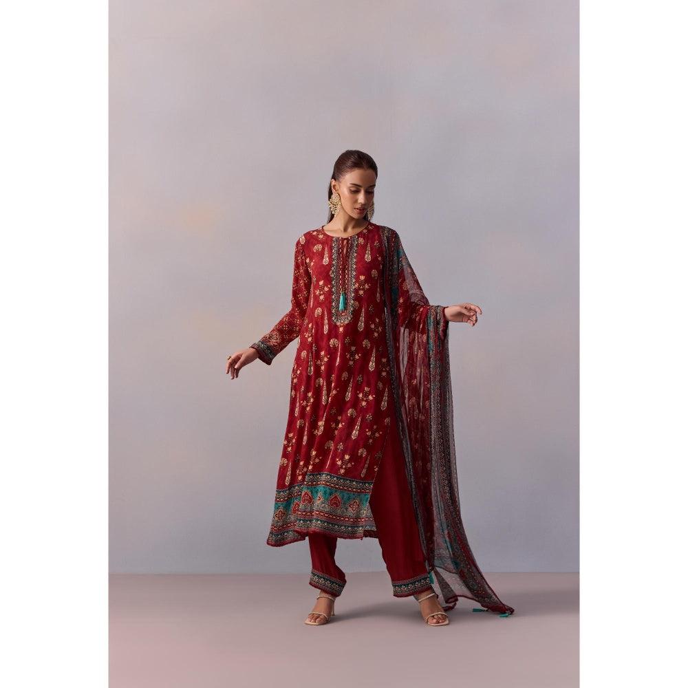 KALISTA Reham Maroon Printed Tassels Kurta with Pant and Dupatta (Set of 3)