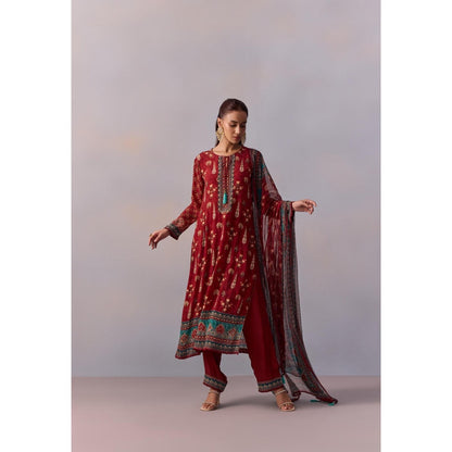 KALISTA Reham Maroon Printed Tassels Kurta with Pant and Dupatta (Set of 3)