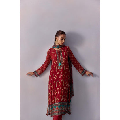 KALISTA Reham Maroon Printed Tassels Kurta with Pant and Dupatta (Set of 3)