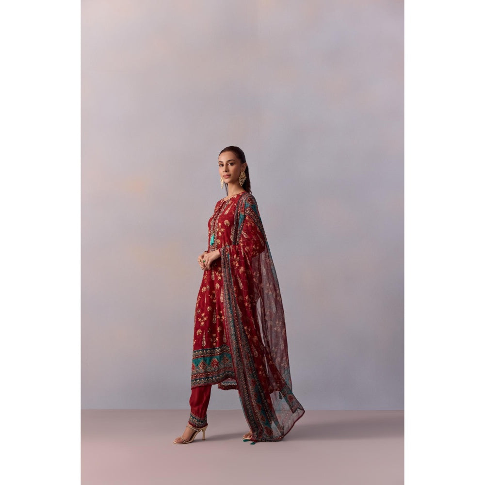KALISTA Reham Maroon Printed Tassels Kurta with Pant and Dupatta (Set of 3)