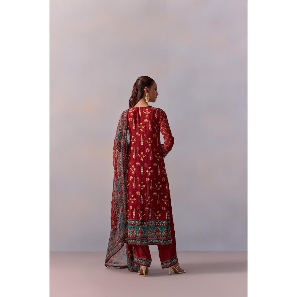 KALISTA Reham Maroon Printed Tassels Kurta with Pant and Dupatta (Set of 3)