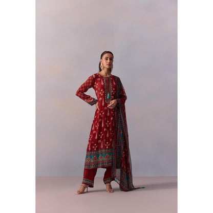 KALISTA Reham Maroon Printed Tassels Kurta with Pant and Dupatta (Set of 3)