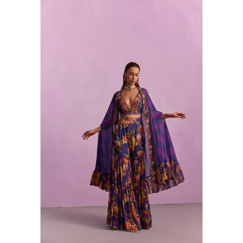 KALISTA Naira Purple Floral Embellished Blouse with Sharara and Cape (Set of 3)