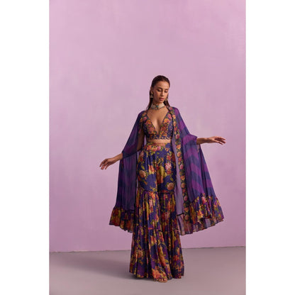 KALISTA Naira Purple Floral Embellished Blouse with Sharara and Cape (Set of 3)