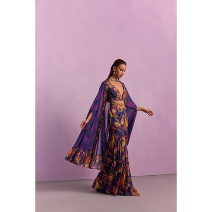 KALISTA Naira Purple Floral Embellished Blouse with Sharara and Cape (Set of 3)